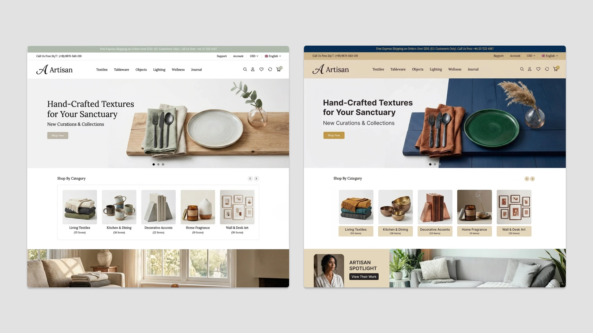 Webshop layout comparison showing two design variants