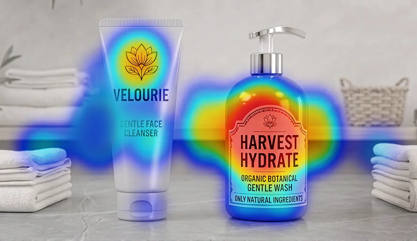 Two pack designs side by side with fixation cluster overlays — left pack: attention dense on the logo; right pack: attention dense on the claim banner