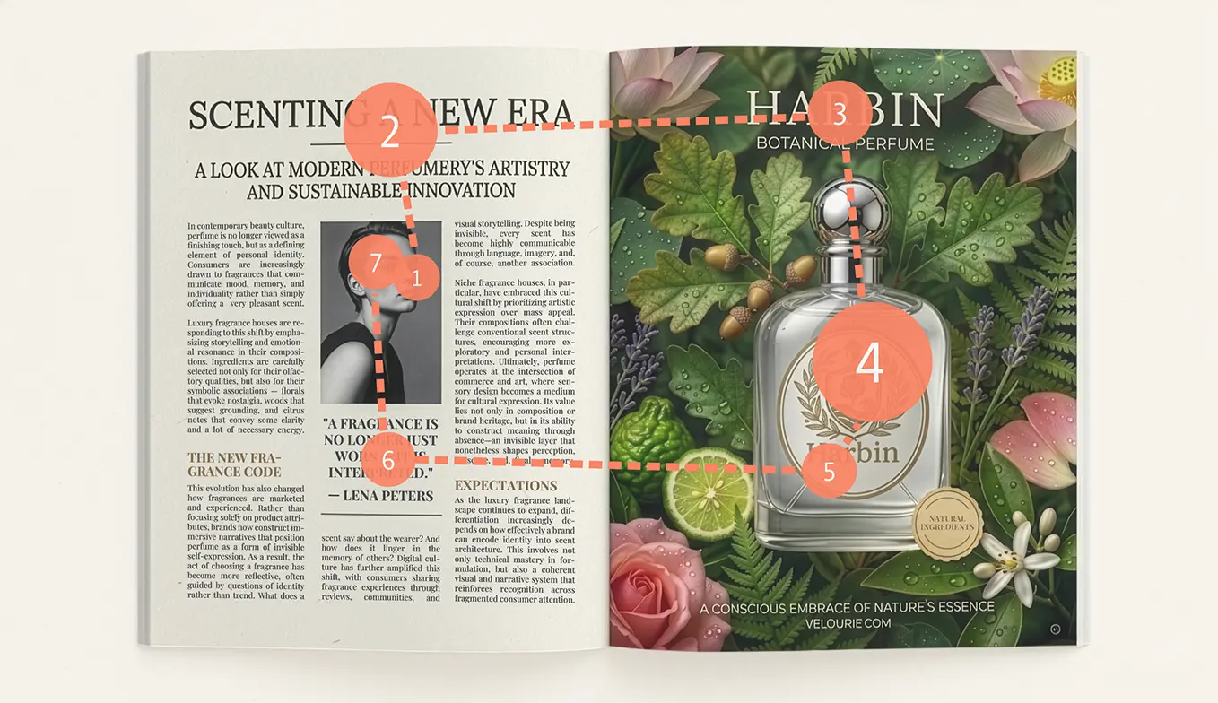 Magazine spread showing a gaze scan path across both pages, with fixations clustering on the headline and brand element of the print ad